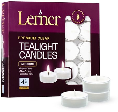 Lerner Clear Tea Lights Candles Bulk - 4.5 Hour Clear Cup Tealight 50 Pack - Consistent Smkless Clean Burning - Holiday, Wedding, Spa, Emergency and Home Decoration Candles