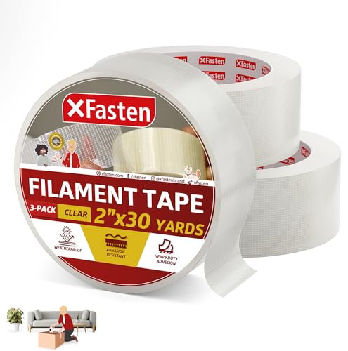 X Fasten Cinta Adhesiva de Filamento Transparente, 2 Pulgadas x 30 Yardas (50.8mm x 27.43m) (Paquete de 3), Cinta de Fibra de Vidrio Reforzada Cruzada