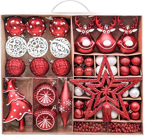 Victor's Workshop Weihnachtskugeln 92 TLG. Christbaumkugeln Set, Plastik Christbaumschmuck für Weihnachtsbaum Dekoration Feierlichkeiten Weihnachtsdeko Party Hausdeko Oh Hirsch Thema Rot Weiß