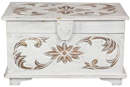 Oriental Galerie Truhe Holzkiste Holztruhe Schatztruhe Kiste Box Palmenholz Holzbox Blumen Schnitzereien Shabby Used Look Weiß Klein 40 cm Design 2