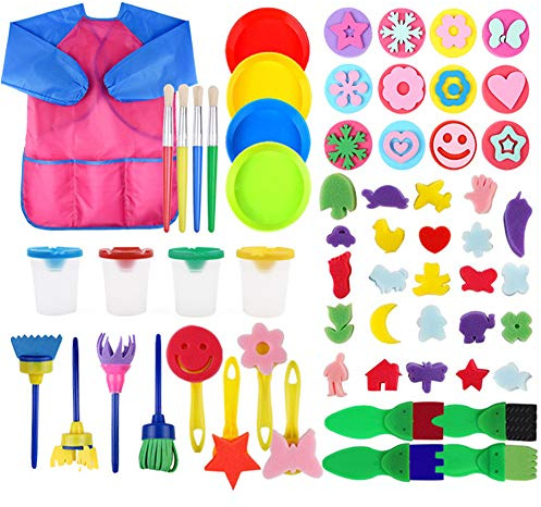 FOVERN1 60 Pieces Sponge painting for Toddlers, Painting Brushes Kits for Kids, Foam Paint Brushes Set, Paint Cups with 1 PCS Waterproof Paint Apron