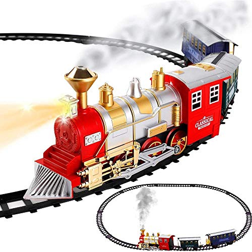 BAKAJI Pista Trenino Giocattolo Bambini Treno Locomotiva con Canna Fumaria Funzionante con Fumo Luce Suoni Realistici e 2 Vagoni Merci Decorazione di Natale per Base Albero (Rosso sotto Albero)