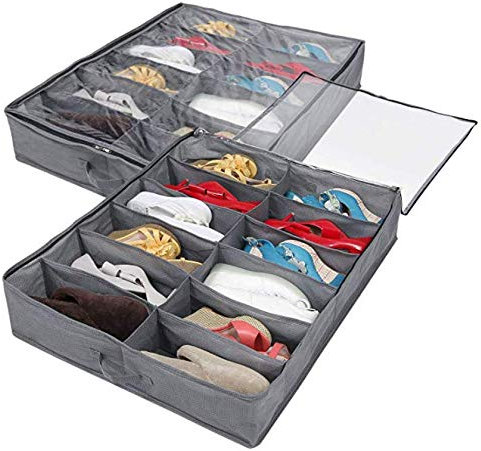 Queta 2 Pack Under Bed Shoe Storage Organizer Box with Clear Lid Fits 24 Pairs, Foldable Underbed Shoe Storage Bag Solution 80x 63x 15cm