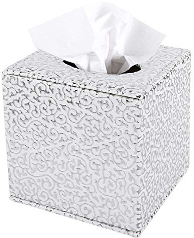 Discoball Taschentuchbox-Abdeckung, PU-Leder, würfelförmiger Taschentuchhalter, quadratisch, Papierhalter, Serviettenspender für Zuhause, Büro und Auto (Silberschnitzerei)