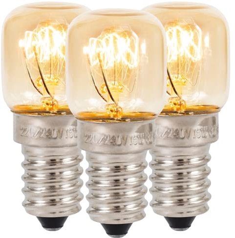 Klass Home Pack of 3 Incandescent Salt Light Bulbs Oven Refrigerator Small E14 15W <300°C Dimmable Pygmy Bulbs for Oven Himalayan Salt