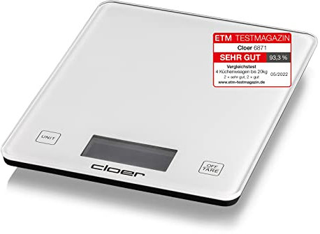 Cloer 6871 Digitale Küchenwaage für bis zu 10 kg, Zuwiegefunktion, Gewichtsmessung in 1 g Schritten, Mengenangabe in Gramm, Milliliter oder Unze möglich, Glasoberfläche, LCD-Display, weiß