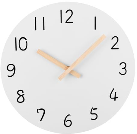 Plumeet 25cm Holz Wanduhr Rahmenlose Wanduhr mit Geräuschlosem Quarzwerk, Moderner Minimalistischer Stil Weiße Uhr Dekoration Wohnzimmer Schlafzimmer Küche, Batteriebetrieben (Weiß)