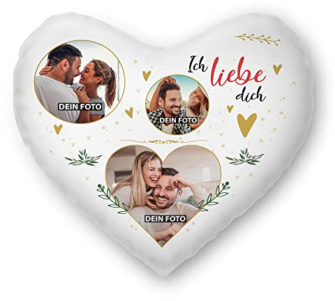 Print Royal Herzkissen selbst gestalten - Collage mit 3 Fotos Bedrucken - Ich Liebe Dich - Geschenk Valentinstag Geburtstag Weihnachten - Herz Fotokissen inkl. Füllung, 40x44 cm
