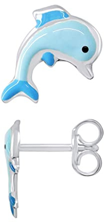 Amours, Bisous & Câlins- Ohrringe Delfin Blau – Silber 925 – 100 % hypoallergen – für Kinder von 2 bis 8 Jahren – Kinderschmuck, Silber Silber Emaille