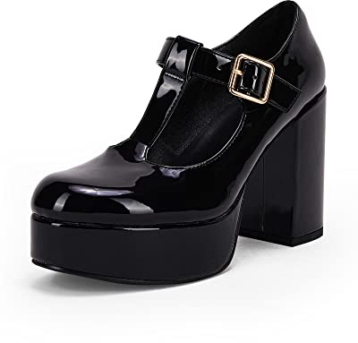 Coutgo Black Platform Heels for Women T-Strap Patent Chunky Heel Mary Jane Shoes