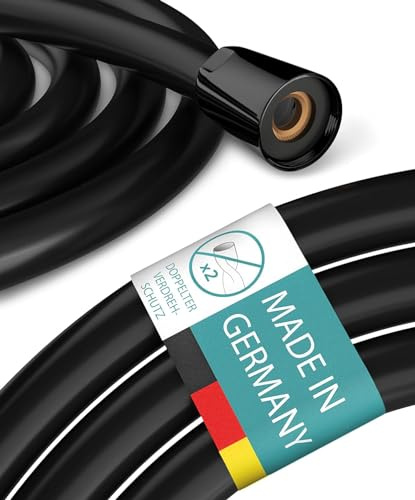 Engelbach® Tuyau douche 2m - Flexible Plastique Noir Mat Double Protection Anti-Torsion - Résistant aux Plis, Raccord Universel ½” - Fabriqué en Allemagne