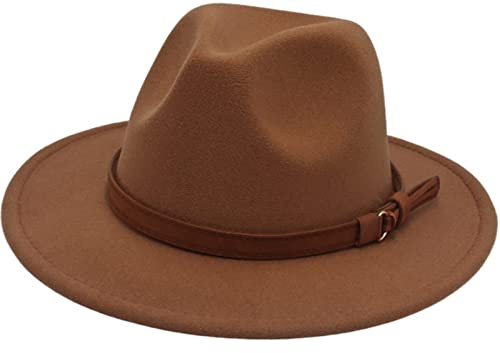 Faringoto Chapeau Fedora en feutre de laine pour femme Chapeau d'église vintage pour dames Unisexe à large bord, kaki, M