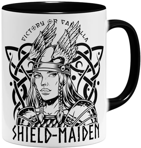 OM3® Wikinger Shield Maiden Kaffee-Tasse mit Spruch - Nordische Kriegerin Schildmaid Valhalla or Die - Keramik Becher - 11oz 325ml - Beidseitig Bedruckt - Schwarz