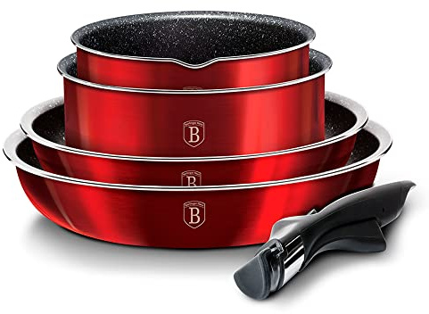 Berlinger Haus Burgundy Induktions-Kochgeschirr-Set, 9-teilig, abnehmbarer Griff, austauschbar, Antihaftbeschichtung ohne PFOA, Aluminium, Topf- und Pfannenset, Glasdeckel + luftdicht, stapelbar