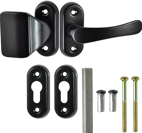 ALSTEN TECH Türklinke und Türknopf Set aus Aluminium für Pforten Tore Gartentor Gartentür Türgriff mit Rosette Türbeschlag Kurzschild Garnitur PZ - Profilzylinder Drückergarnitur Türgarnitur schwarz