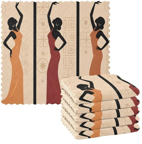 ALAZA Beautiful African Women Dish Towels Set of 6,Dish Bar Tea Towel Dishcloths Washable Fast Drying Dish Cloth Reusable Cleaning Cloth,11 x 11 inches