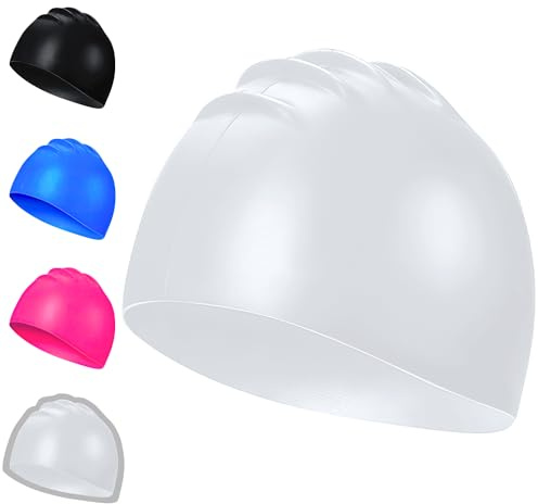 Bonnet de Bain Unisexe en Silicone Imperméable pour Homme et Femme - Antidérapant pour Cheveux Longs et Courts (Blanc)