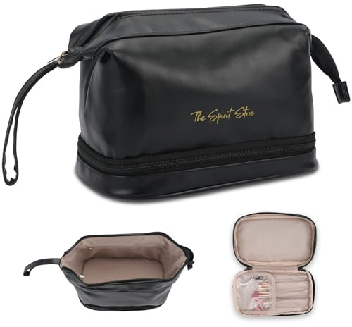 The Spirit Store Kulturtasche Damen | Makeup Bag | Schminktasche | Beauty Case | Reise Kulturbeutel Damen | Groß XXL | Schwarz PU-Leder | Stabil & Stilvoll | Extra Pinselfach & Innentasche