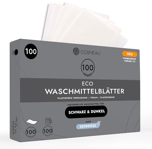Cosmeau Waschmittelblätter für dunkle Wäsche – 100 Blatt – Umweltfreundliche, Reise-Waschmittelblätter