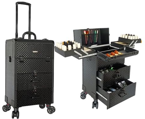 Professioneller Reise Make Up Tasche Artist Train Case Trolley Makeup Organizer, Kosmetikkoffer Mit Schubladen，Professionell Schminkkoffer, Kosmetikkoffer Mit Rollen, Schwarz,1 Stück