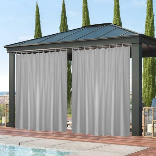 Qelus Outdoor Vorhang Wasserdicht, B254xH244cm mit Klettverschluss, Outdoorvorhänge Sonnenschutz für Balkon Sichtschutz Pavillon Pergola Terrasse Garten (Hellgrau)