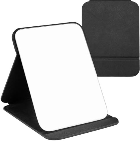 OWLKELA 16x11cm Portable Folding Mirror, Super HD Compact Makeup Mirror, Black PU Leather Travel Mirrors, Free Standing Vanity Mirrors, Tabletop Foldable Mirrors