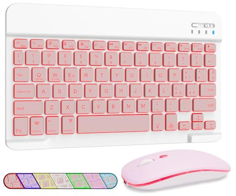 LAMA Retroilluminata Tastiera e Mouse Wireless, Tastiera Tablet Universale Ultra Sottile Ricaricabile, Tastiera Bluetooth Portatile per iPad/Tablet/iOS/Android/Windows/Laptop/Computer, Rosa
