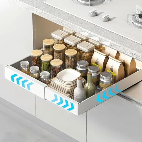 2 Stück Teleskopschublade, Ausziehbare Schublade Küche. Organizer schublade, Ausziehbarer Schrank Organizer, Küchenschrank Organizer für Küche/Bad/Wohnzimmer, Schubladen Organizer, Kein Bohren, Weiß