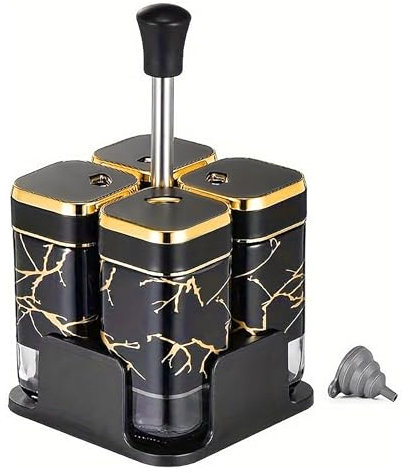 SAEIV Set di 4 Barattoli Spezie, Coperchio Girevole per Spezie, Imbuto Unico in Silicone, Porta Sale con base Antiscivolo, Organizer per Spezie, Contenitore vetro con Coperchio