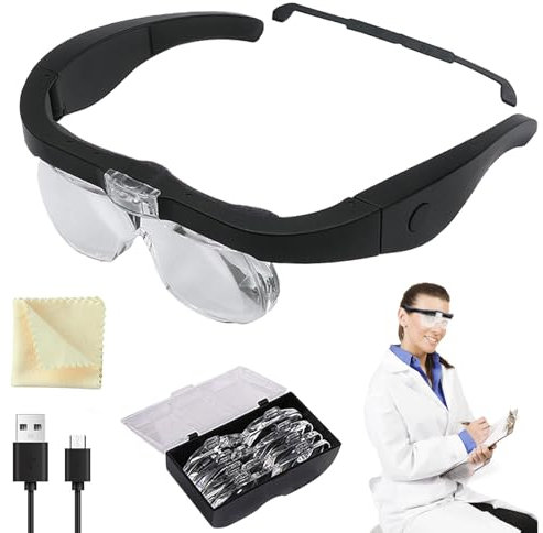 Funmo Lupenbrille mit Licht, Kopf Lupenbrille für Brillenträger, USB Ladung mit 2 LED Licht und 2 Einstellbarer Helligkeit Lupenbrille, Kopflupe für Modellbau Juweliere Bastel Lesen