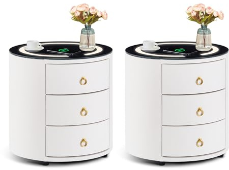 LEMROE White Round Bedside Table Set of 2 with Wireless Charging Station | Fully Assembled Low Cabinet with Glass Desktop, Faux Leather Coating Wooden 3 Drawers Side Table Bedroom Cabinet, Waterproof
