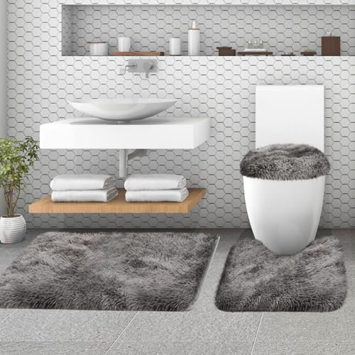 McEu Badezimmerteppich 3 Teilig, Rutschfest Waschbar Badvorleger, Flauschige Hochflor Saugfähig Badematte Mit Toilettendeckelabdeckung, 80x50cm+50x50cm+38x47cm (Grau)
