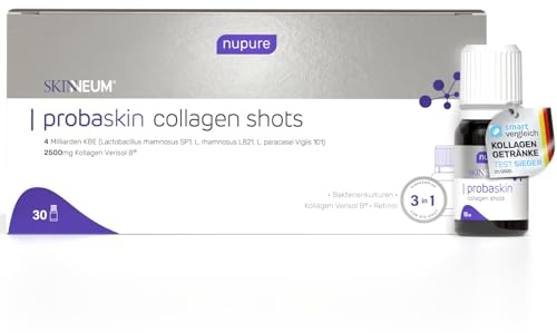 Nupure® Probaskin Kollagen Trinkampullen - 3 in 1 Anti-Aging mit Verisol B® Kollagenpeptiden, Retinol und 3 Milchsäurebakterienstämmen, unterstützt die Hautelastizität, 30er Packung