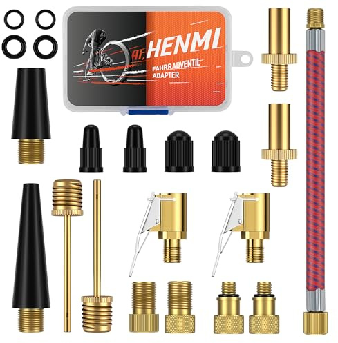 HENMI Fahrradventil Adapter Set mit Sortierbox | Luftpumpe Adapter mit Autoventil Adapter, Französisches ventil, Ballnadel, Kegelventil,Ventil-O-Ringe, Staubkappe