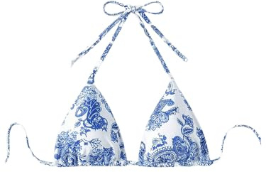 SOLY HUX Women's Summer Floral Print Halter Bikini Tops Tie Back Padded Swimsuit Top Beachwear Blue and White Small