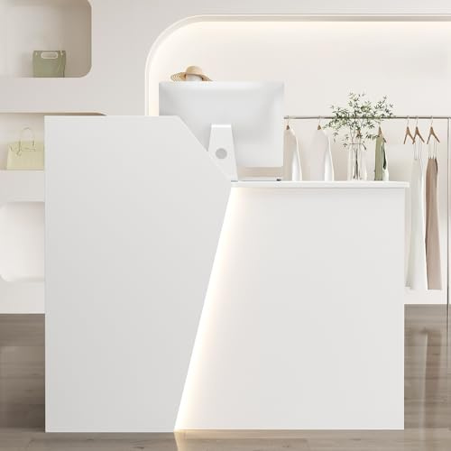 HOLGVE Empfangstheke, L-förmiger Empfangstresen, Rezeptionstresen mit Abschließbaren Schubladen, Kassentisch Aus Holz for Die Lobby, for Salon, Büro, Restaurant, Kleines Geschäft(White-Left,39.3inchx1