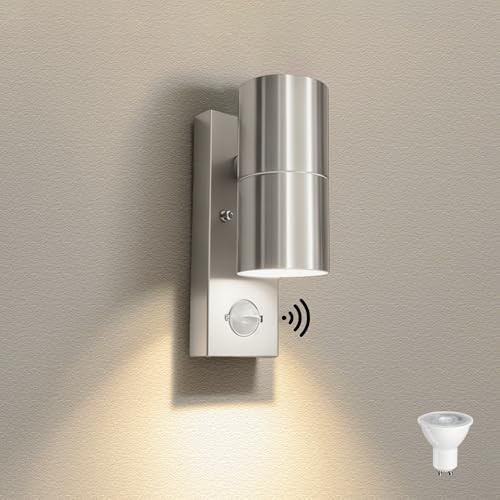 JNR Edelstahl LED Außenlampe mit PIR Bewegungsmelder, IP54 Wasserdichte Außenleuchte mit Bewegungsmelder 230V, Aussenlampe inkl. 5W GU10 3000K Warmweiß Glühbirne, Wandleuchte aussen, Silber