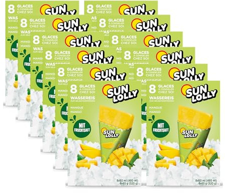 Sun Lolly Wassereis Mango 12er Vorratspack | Mit Fruchtsaft | Zum Selbsteinfrieren | Ohne künstliche Aromen | Frei von Süßungsmittel | Laktosefrei | Glutenfrei | 12 x 480ml