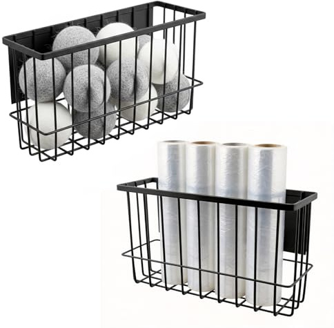 Restynic Magnetic Metal Basket Organizer for Fridge & Locker, Storage Basket for Foil/Plastic Wrap/Spice/Dryer Ball, Space-Saving Kitchen & Laundry Solution (Black, S)