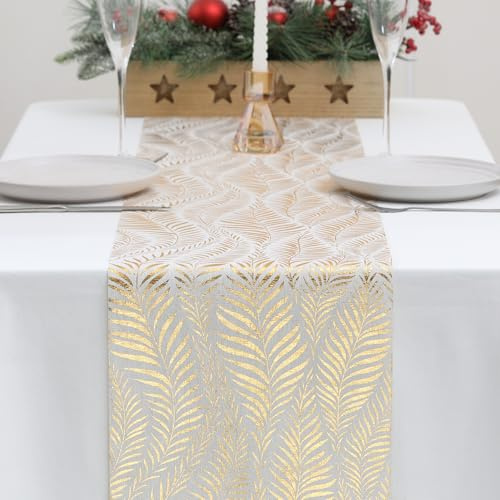 Yeahshion Chemin de Table Or à Motif Feuille de Saule 28cmx5m, Chemin de Table en Polyester Elégant, Décoration pour Fête, Anniversaire, Noël, DIY, Emballage