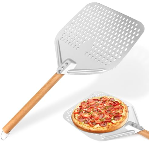 QOUBNIC Pala para Pizza Perforada, 12 Pulgadas Redonda Aluminio con Mango Desmontable para Barbacoa Cocinar Pizzas, Sartén, con Mango de Madera