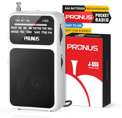 PRUNUS J-555 Am/FM Radio a Pilas, Carga USB-C, Transistor Radio de Bolsillo | Radio Portatil Pequeña Recargable con Toma de Auriculares, Radio Pequeña con Clip y cordón para Correr, Acampar (blanco)