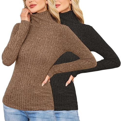 Women Long Sleeve Shirt High Neck Lightweight Undershirt Black, Coffee S | Ribbed Knit, Solid Color, Slim Fitted, Stretchy Breathable Fabric, Fall, Winter, Pull On, Machine Washable