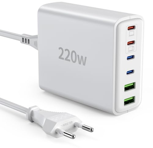 Ombrex USB Ladegerät Mehrfach 220W, 6 Ports USB C Schnellladegerät - QC Charger + PD Netzteil für iPhone 17/16/15, MacBook Pro/Air, Samsung, iPad, Pixel (4 C-Port + 2 A-Port) Weiß