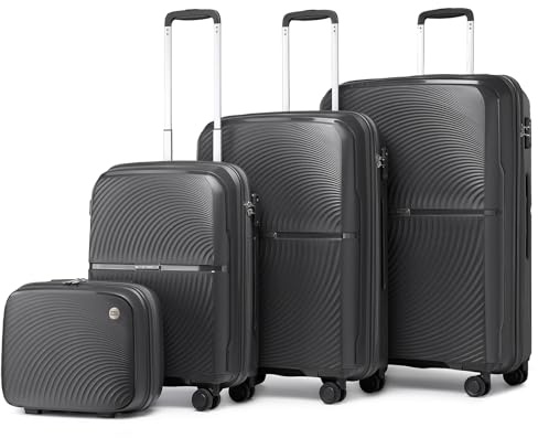 British Traveller Koffer Set 4 Teilig, Kosmetikkoffer+Handgepäckkoffer+Mittelgroßer Koffer+Groß Koffer mit 4 Rollen, Schwarz