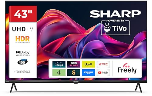 Sharp 43-inch 4K Ultra HD QLED Powered by TiVo Smart TV TiVo+ Free Channels Dolby Vision Dolby Atmos HDMI 2.1 with eARC DVB-T/T2/C/S/S2 Tuner 43GK4345K Freely Included (GK Series)
