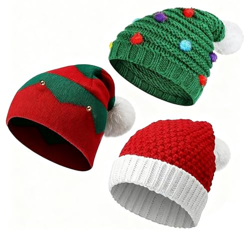 Weihnachtsmütze, 3 Stück Nikolausmütze Winter Gestrickte Weihnachtsmann Mütze, Gestrickte Weihnachtsmütze Warm Weich, Damen Herren Weihnachtsmann Mütze für Weihnachten Neujahr und Partybedarf