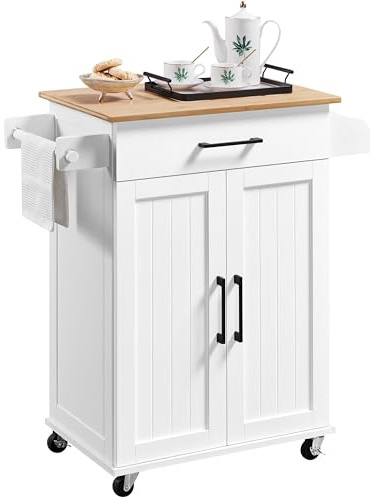 Yaheetech Carrello da Cucina con Ruote Credenza Salvaspazio per Microonde con Cassetto e 2 Ante per Cucina Dipensa o Bar 60 x 40 x 88,5 cm Bianco