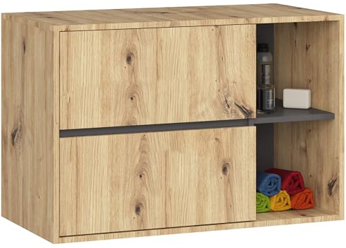 AKORD Meuble sous Vasque Salle de Bain VAMI 90 cm - sous-Lavabo Mural avec 2 Tiroirs - Rangement Pratique et Élegant - pour Vasque à Poser - 90x60x45,5 cm - Chêne Artisan & Gris Graphite