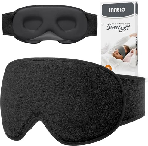 INNELO Sovmask av bomull för sidosovande, förbättrad 3D-ljusblockerande sovmask med hörselskydd, ultramjuk och bekväm ögonmask, sovglasögon med kardborreband för kvinnor, män (Svart)
